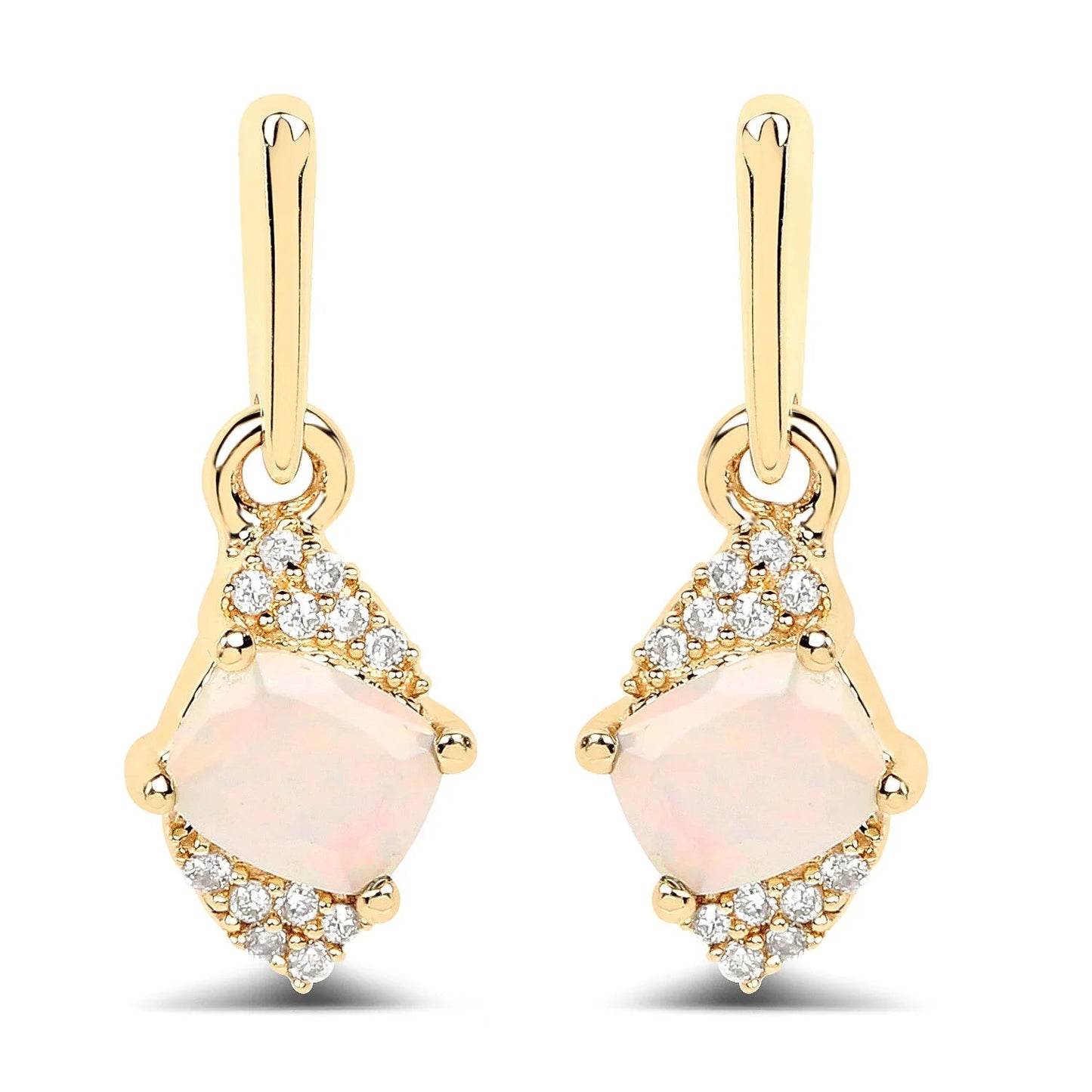 0.50 Ct White Opal & Diamond Prong 14K Yellow Gold Dangle Earrings