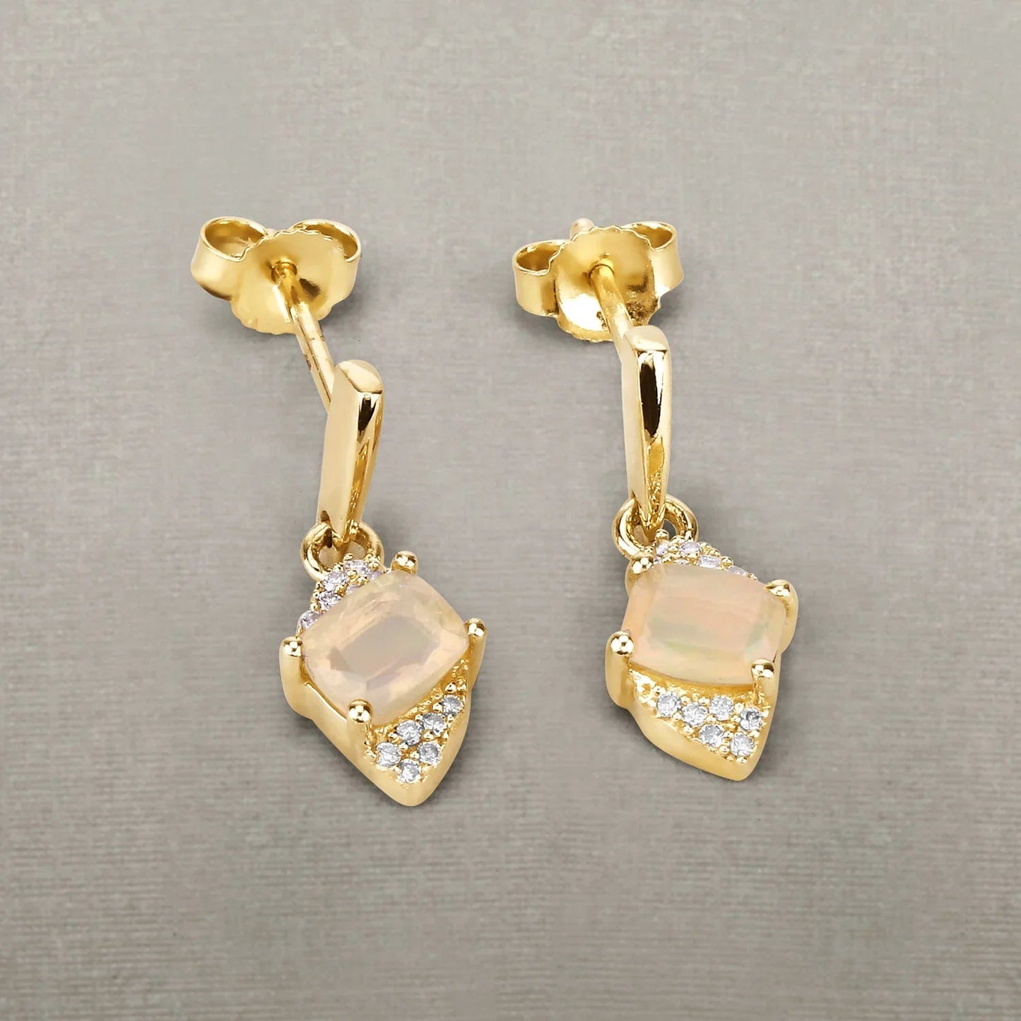 0.50 Ct White Opal & Diamond Prong 14K Yellow Gold Dangle Earrings