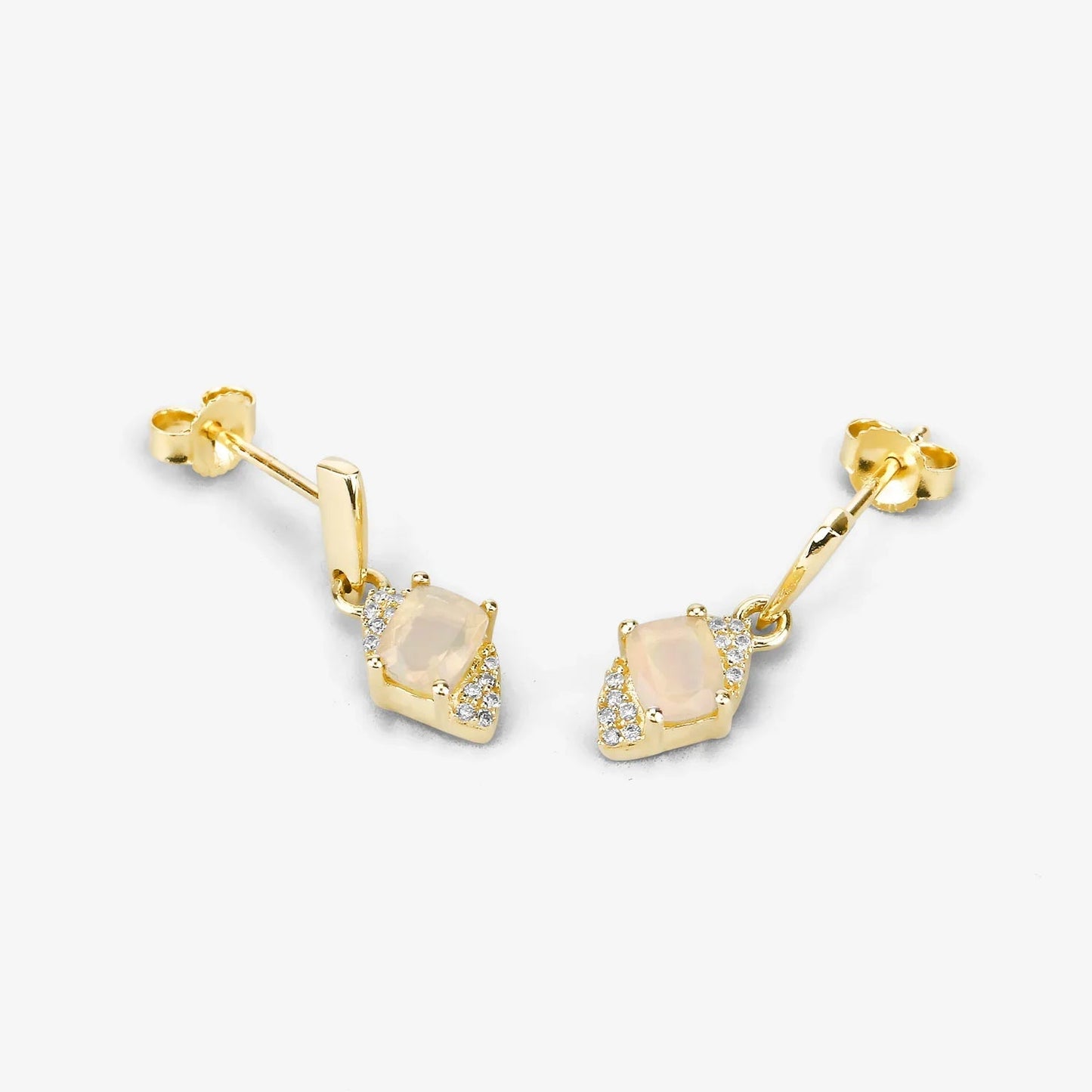 0.50 Ct White Opal & Diamond Prong 14K Yellow Gold Dangle Earrings