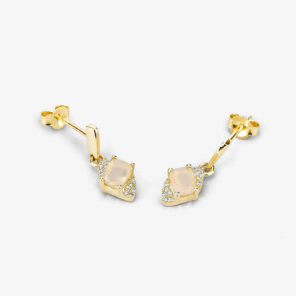 0.50 Ct White Opal & Diamond Prong 14K Yellow Gold Dangle Earrings