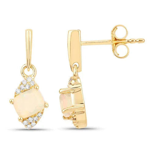 0.50 Ct White Opal & Diamond Prong 14K Yellow Gold Dangle Earrings