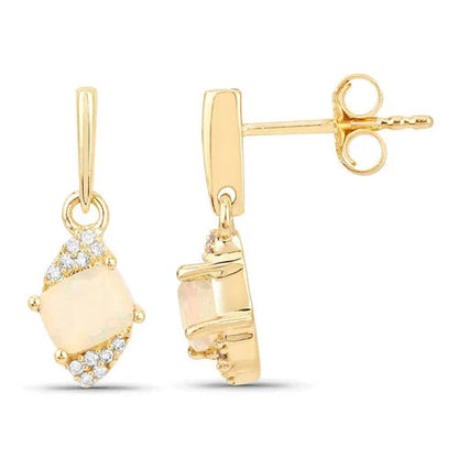 0.50 Ct White Opal & Diamond Prong 14K Yellow Gold Dangle Earrings