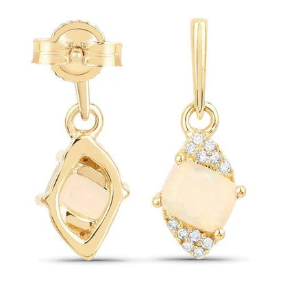 0.50 Ct White Opal & Diamond Prong 14K Yellow Gold Dangle Earrings