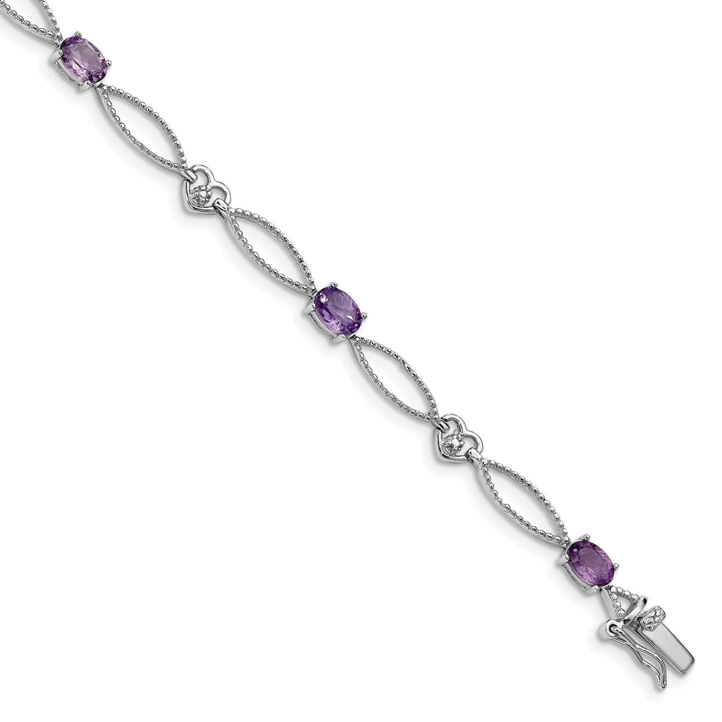 Oval Purple Amethyst & Diamond Prong Sterling Silver Heart Link Bracelet