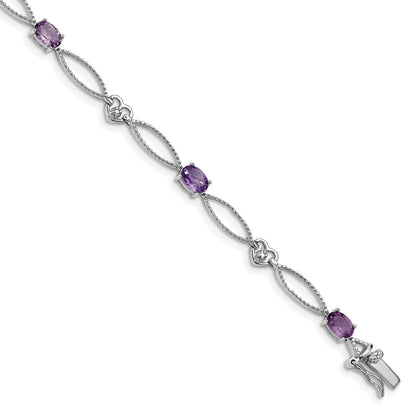 Oval Purple Amethyst & Diamond Prong Sterling Silver Heart Link Bracelet