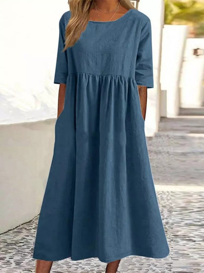 Plus Size Cotton Linen Midi Dress | Round Neck Pocket Dress