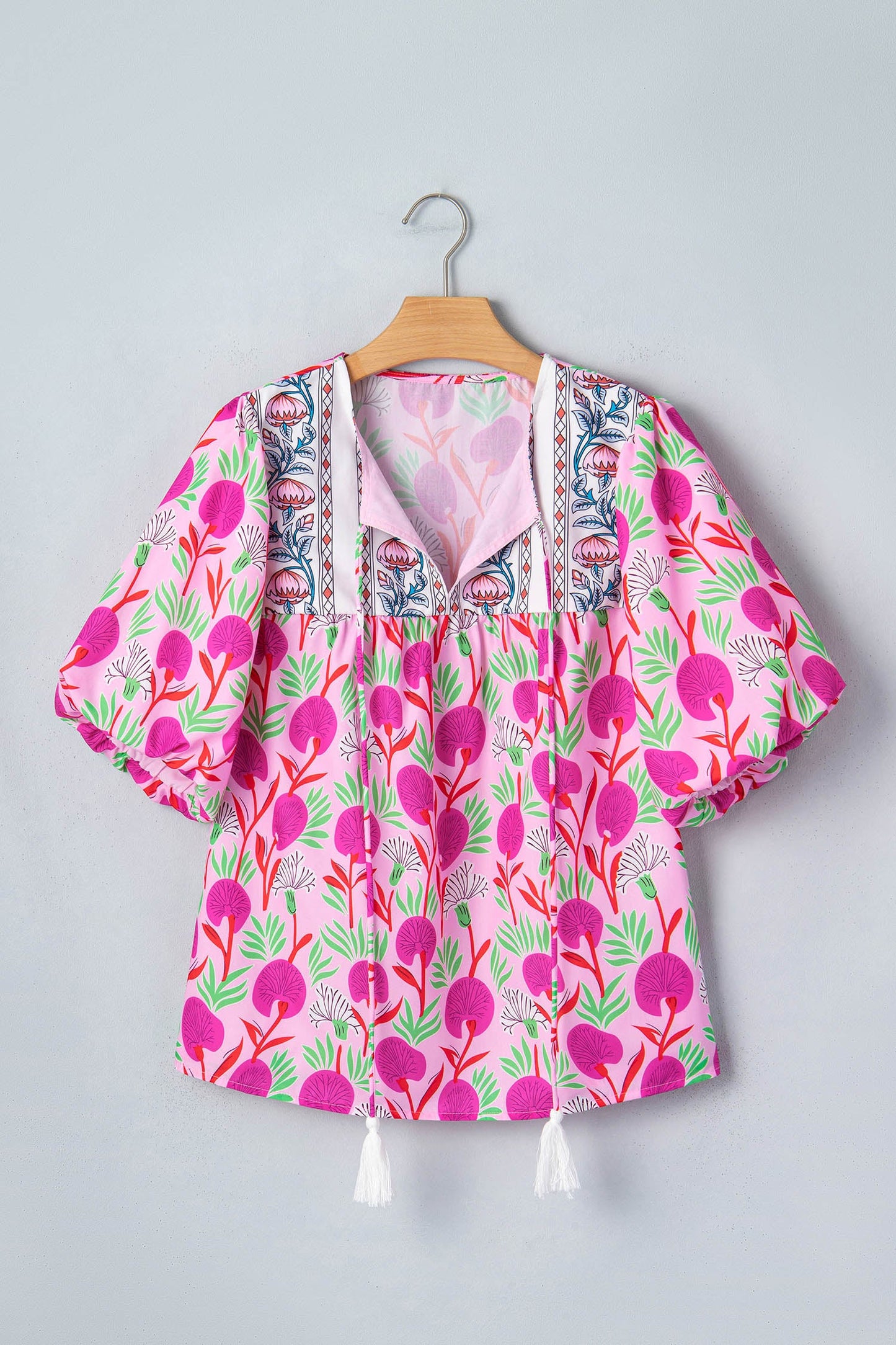 Threaded Pear Jade Patchwork Tassel Tie Blouse