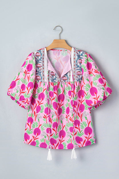 Threaded Pear Jade Patchwork Tassel Tie Blouse