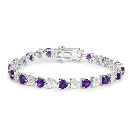 Heart Purple Amethyst & Diamond Prong Silver Tennis Bracelet