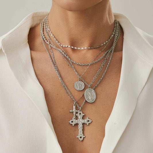 Cubic Zirconia & Silvertone Marry Oval Cross Pendant Necklace Set