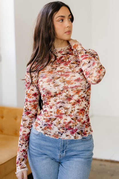 Threaded Pear Virginia Floral Print Mesh Long Sleeve Top
