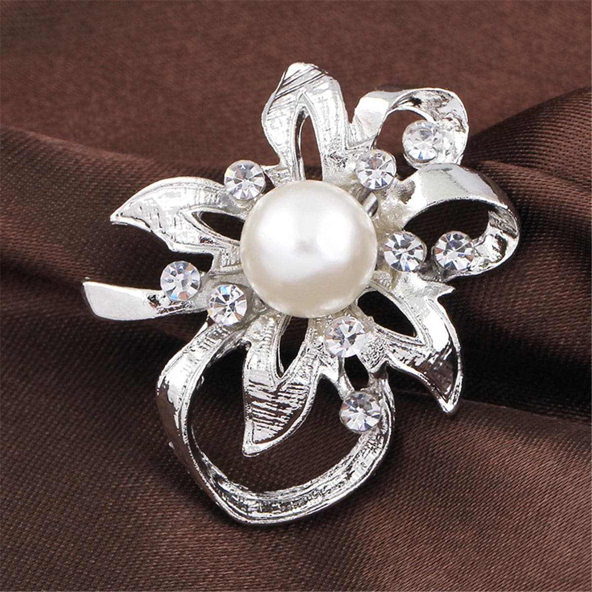 Pearl & Cubic Zirconia Silvertone Flower Filigree Brooch