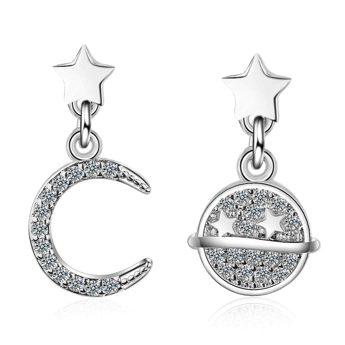 Cubic Zirconia & Silvertone Moon & Planet Drop Earrings