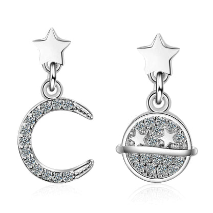 Cubic Zirconia & Silvertone Moon & Planet Drop Earrings