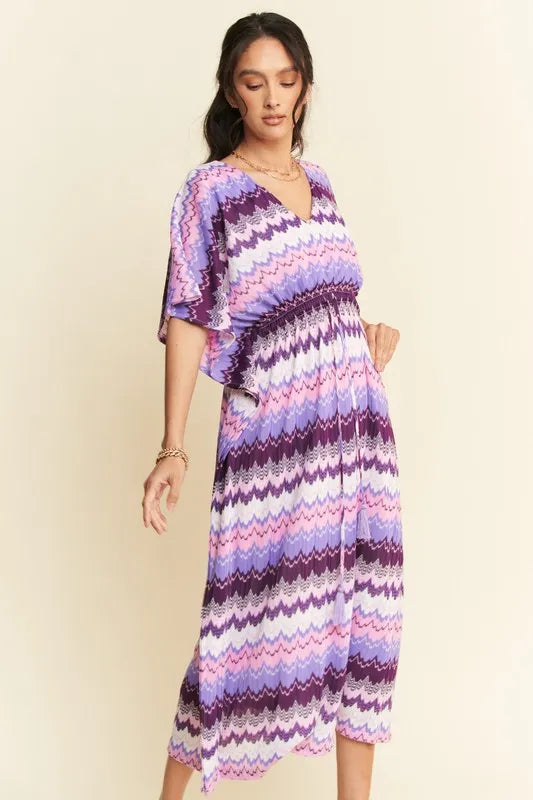 Davi & Dani Multi Color Wavy Tie Waist Flowy Sleeve Dress