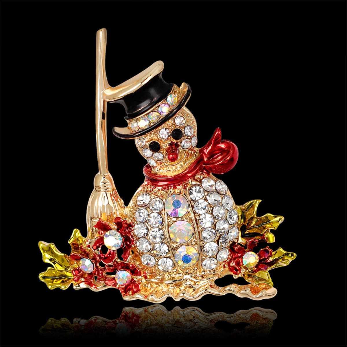 Cubic Zirconia & Goldtone Snowman Broom Brooch