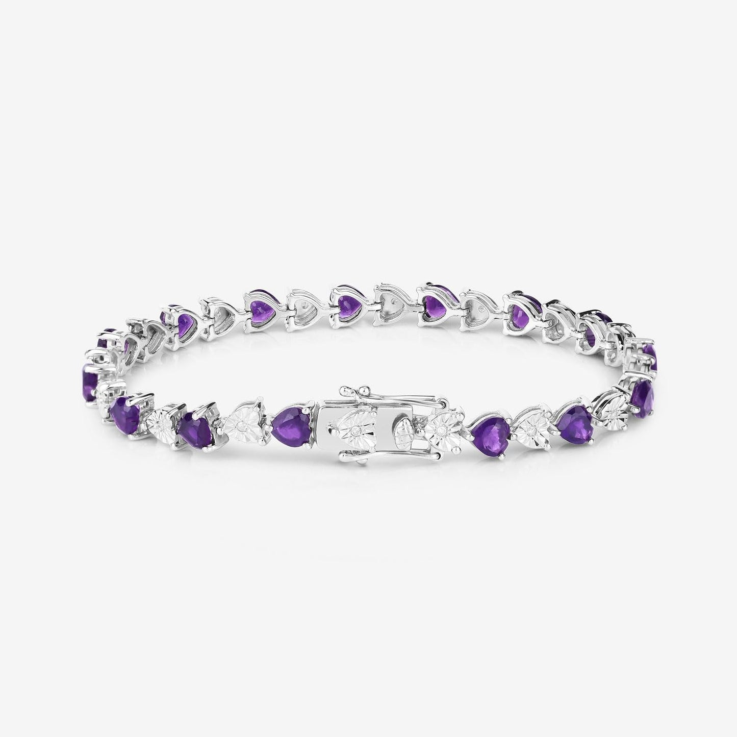 Heart Purple Amethyst & Diamond Prong Silver Tennis Bracelet