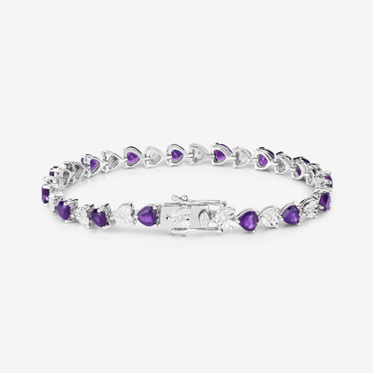 Heart Purple Amethyst & Diamond Prong Silver Tennis Bracelet