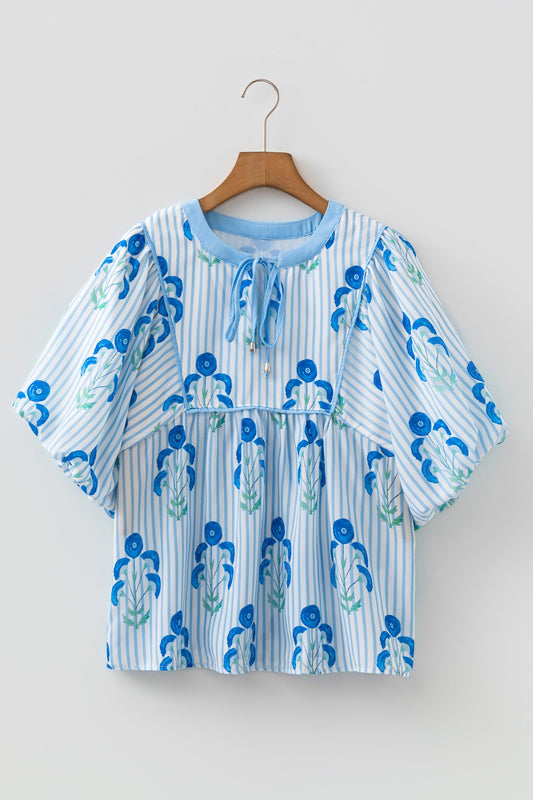 Threaded Pear Sky Blue Floral Print Tie Neck Puff Sleeve Blouse