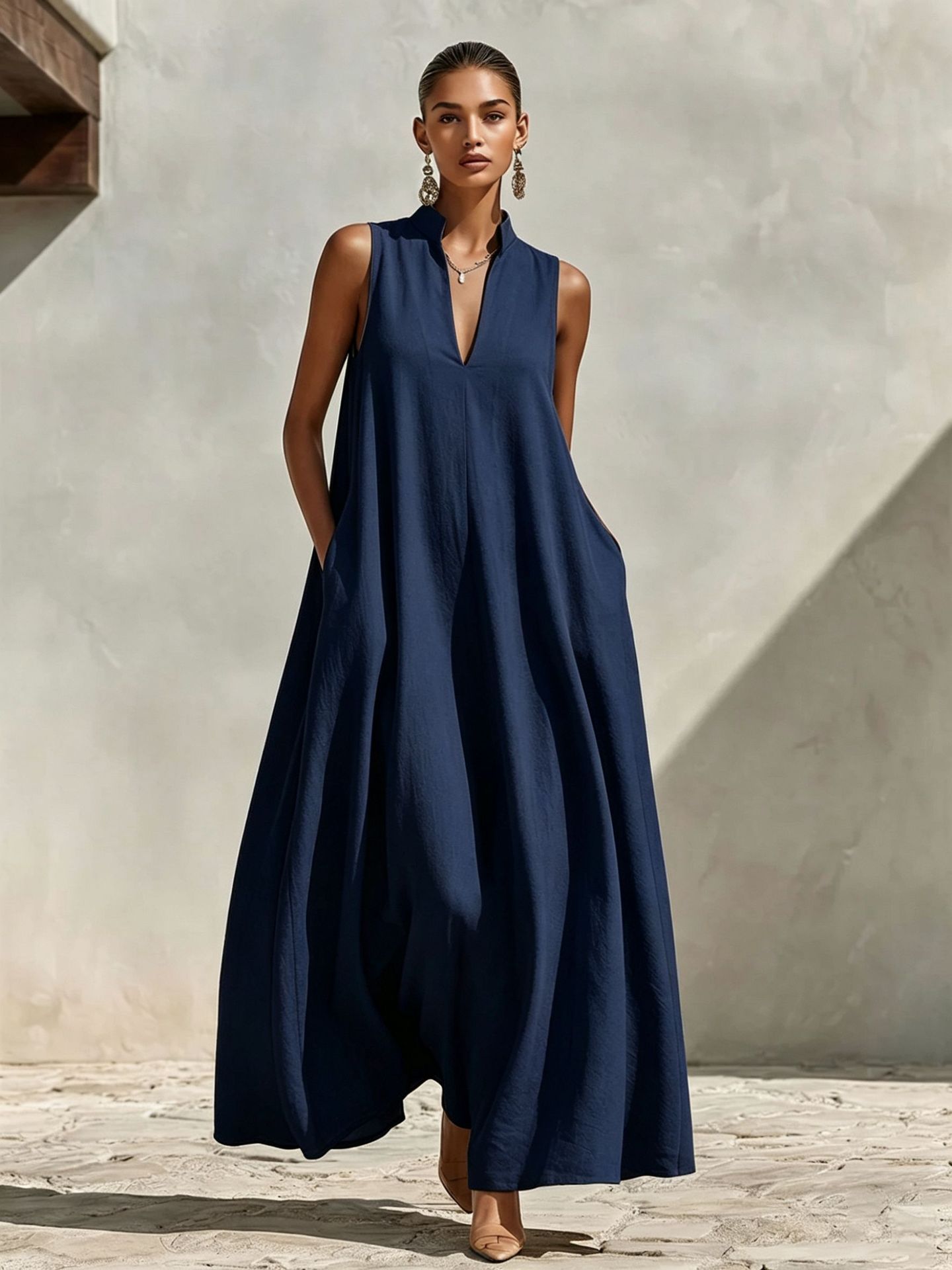 solid maxi dress Linen Blend Sleeveless Stand-Collar Maxi Dress – 5 Colors S–3XL Navy Blue / M