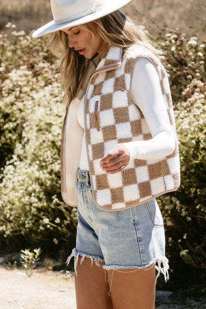 Threaded Pear Mindi Checkered Sherpa Collared Jacket Vest