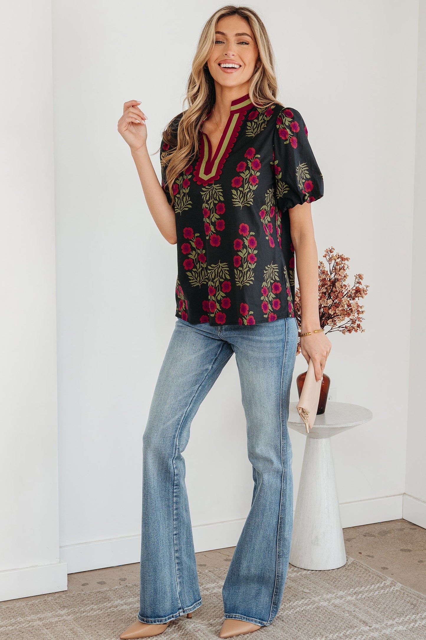 Threaded Pear Zoe Contrast Slit Neckline Blouse