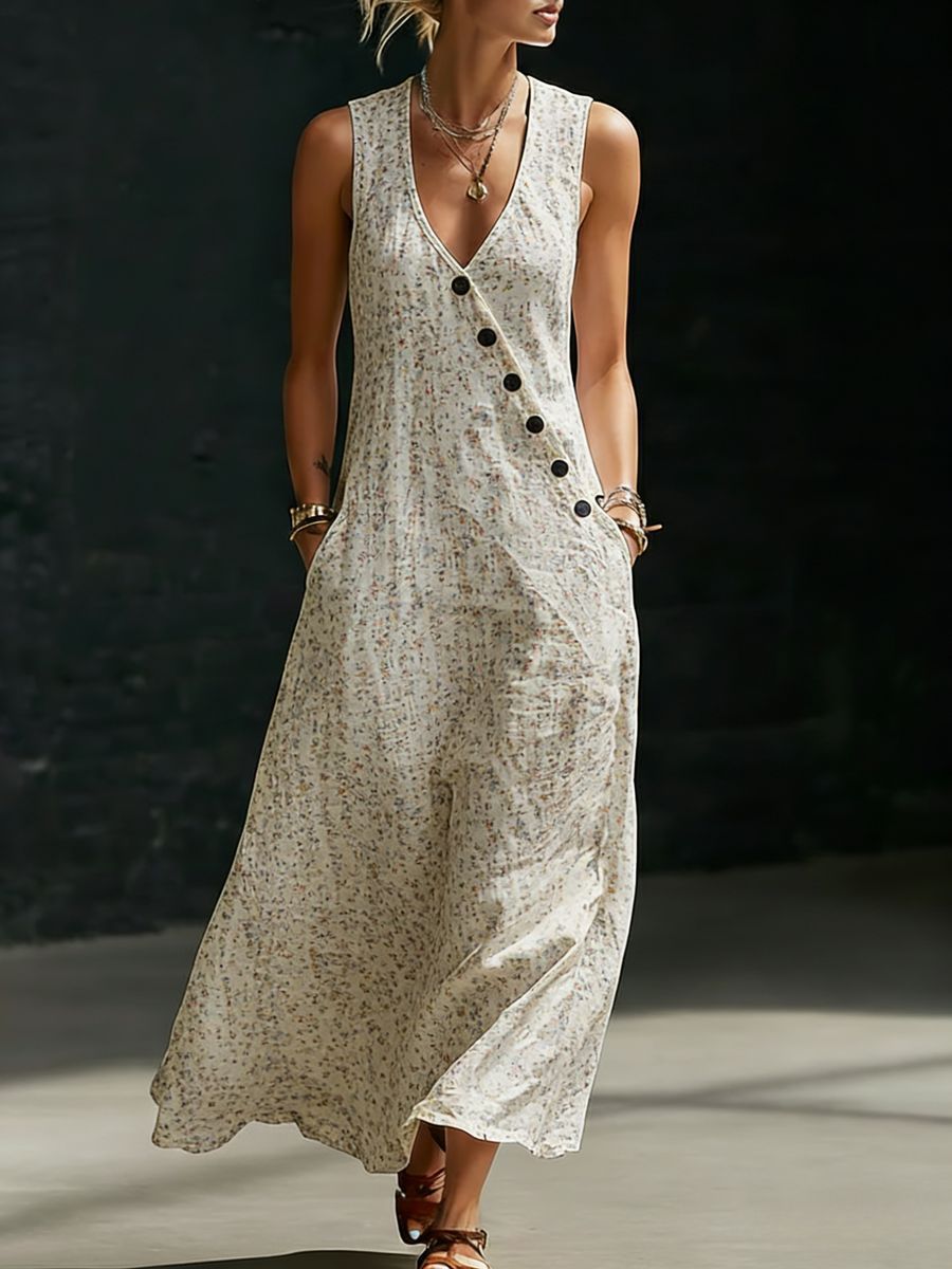 Women's V-Neck Diagonal Button Placket Cotton-Linen Shirt & Wide-Leg Pants Set