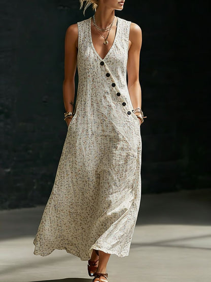 Women's V-Neck Diagonal Button Placket Cotton-Linen Shirt & Wide-Leg Pants Set