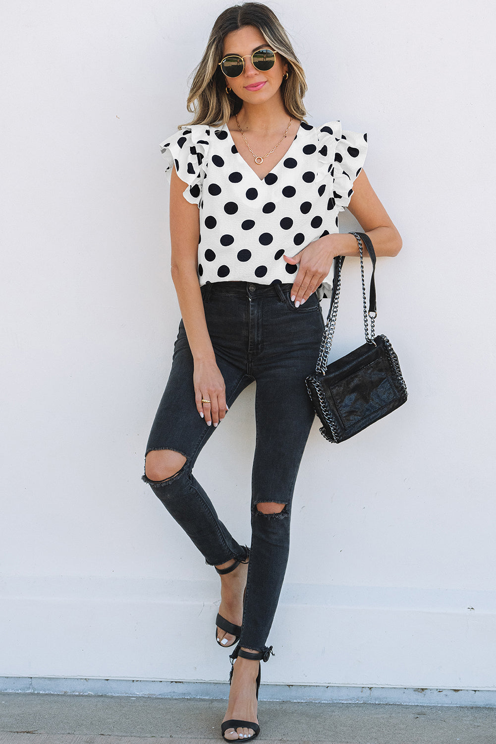Threaded Pear Halo Polka Dot Ruffled Sleeve V Neck Blouse