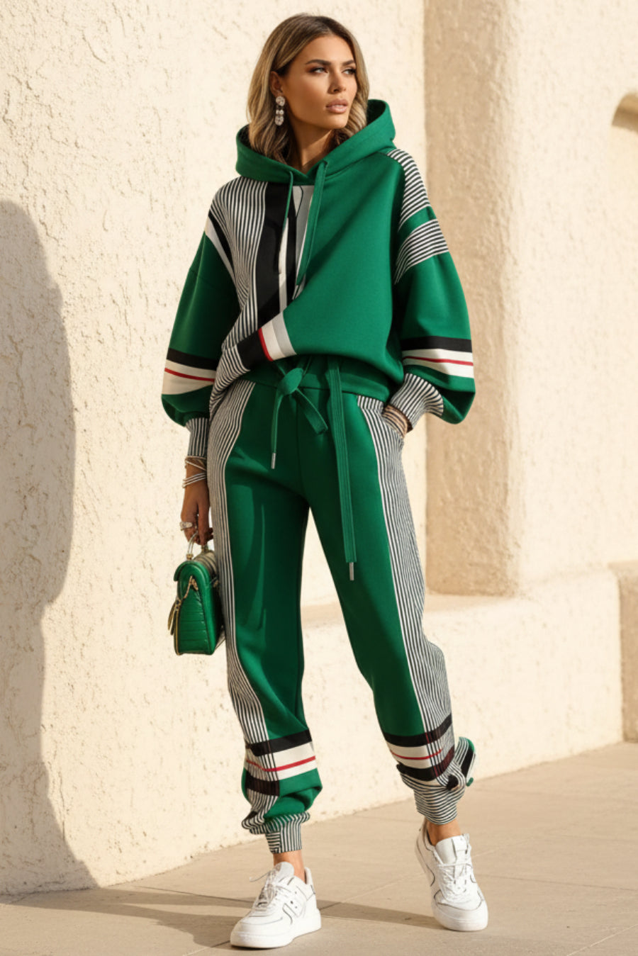 Women's Oversized Color-Block Stripe-Panel Hoodie & Jogger Pants Tracksuit Set