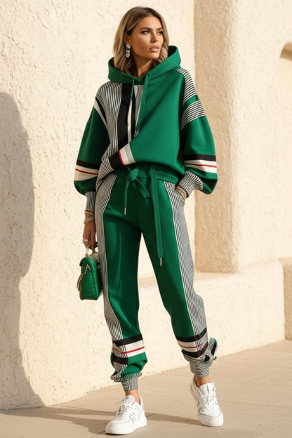 Women's Oversized Color-Block Stripe-Panel Hoodie & Jogger Pants Tracksuit Set