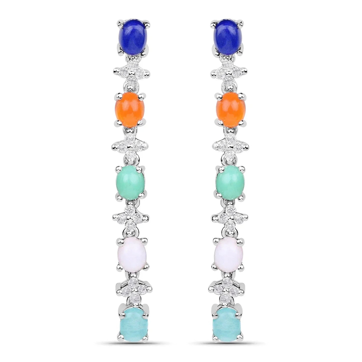 Oval Multi Stone Prong Sterling Silver Long Hanging Drop Earrings