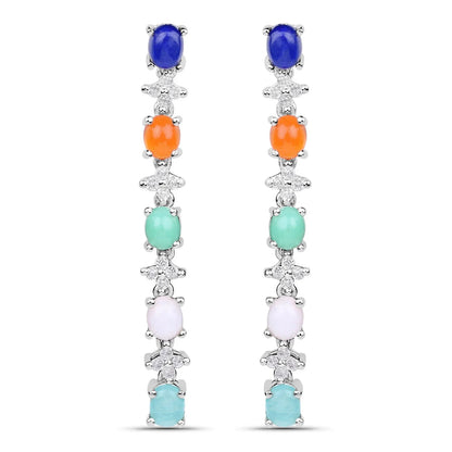 Oval Multi Stone Prong Sterling Silver Long Hanging Drop Earrings