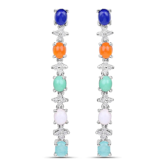 Oval Multi Stone Prong Sterling Silver Long Hanging Drop Earrings