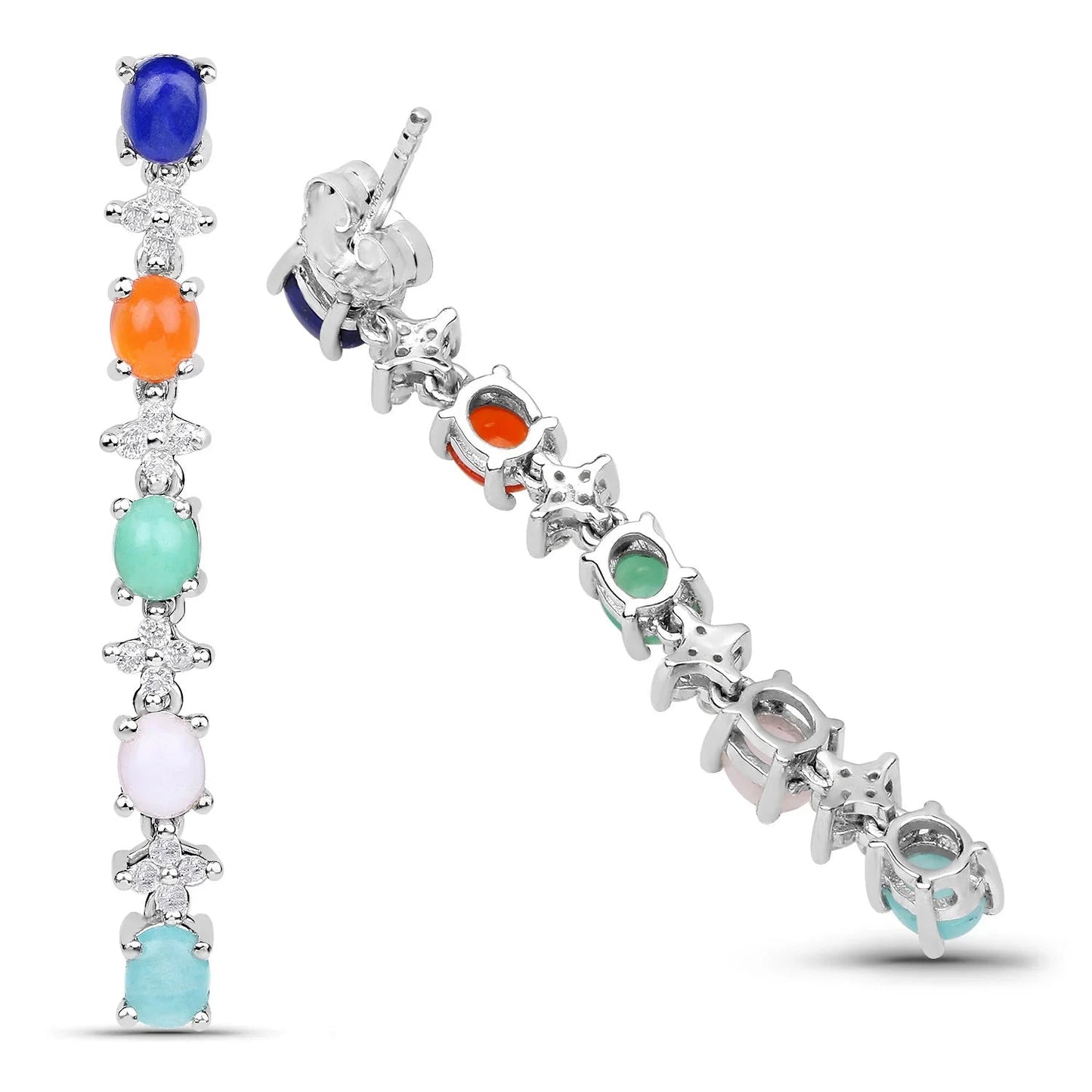 Oval Multi Stone Prong Sterling Silver Long Hanging Drop Earrings