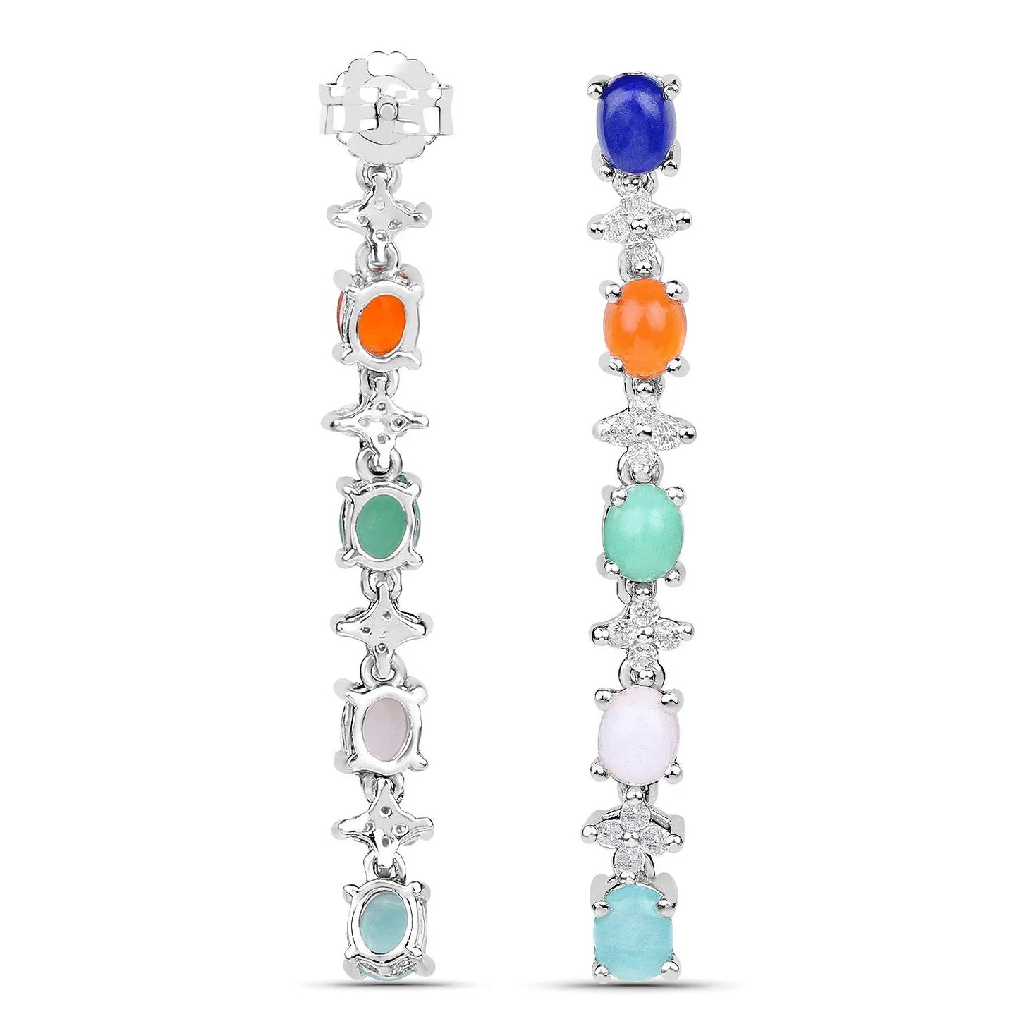 Oval Multi Stone Prong Sterling Silver Long Hanging Drop Earrings