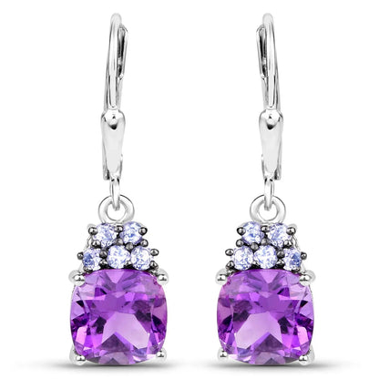 3.60 Ct Cushion Purple Amethyst Prong Silver Leverback Dangle Earrings