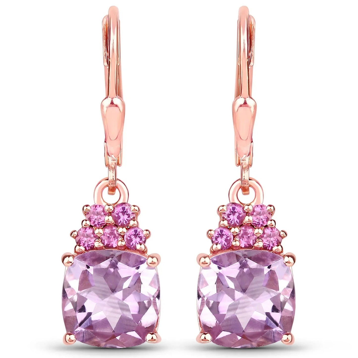 4.40 Ct Cushion Pink Amethyst Prong 18K Rose Gold Plated Silver Dangle Earrings