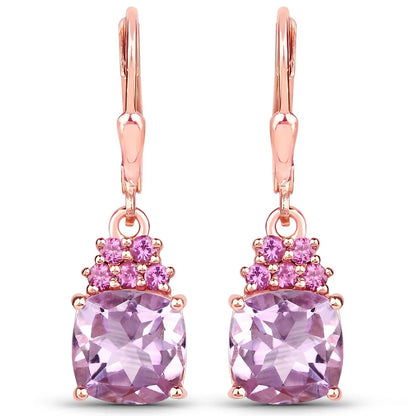 4.40 Ct Cushion Pink Amethyst Prong 18K Rose Gold Plated Silver Dangle Earrings