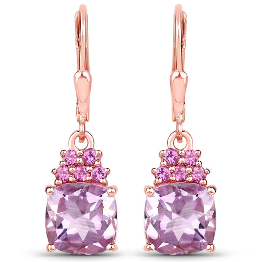 4.40 Ct Cushion Pink Amethyst Prong 18K Rose Gold Plated Silver Dangle Earrings