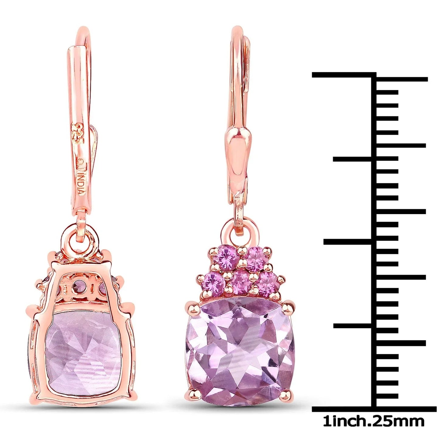4.40 Ct Cushion Pink Amethyst Prong 18K Rose Gold Plated Silver Dangle Earrings