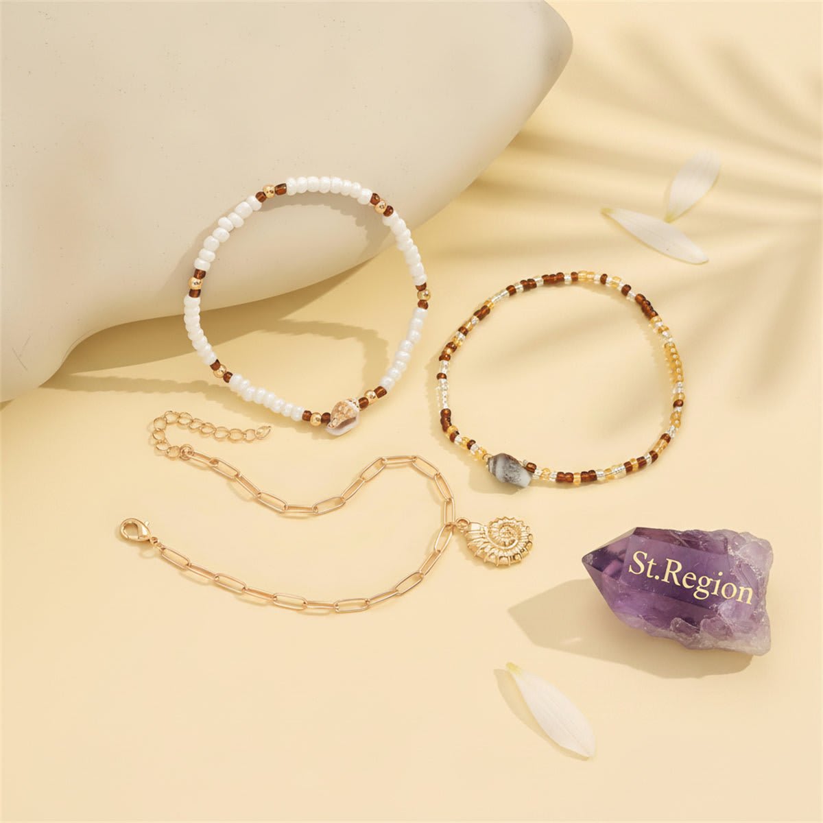 Howlite & Acrylic Goldtone Beads Chain Shell Charm Stretch Anklet Set