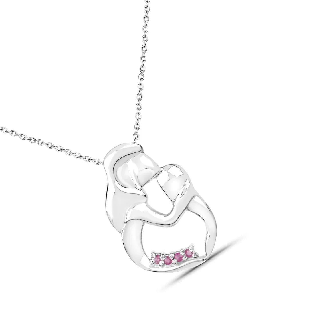 Round Pink Ruby Prong Silver Mom Pendant Necklace
