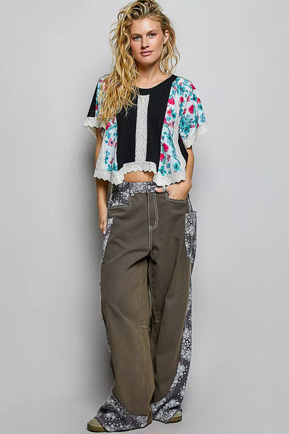 POL Round Neck Ribbed Cropped Top with Lace Detail