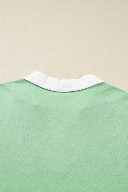 Threaded Pear Moonlight Jade Color Block Striped Patchwork Collar V Neck Plus Size Sweatshirt