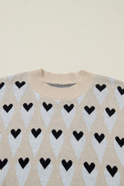 Brynlee Geometric Heart Print Ribbed Trim Loose Sweater