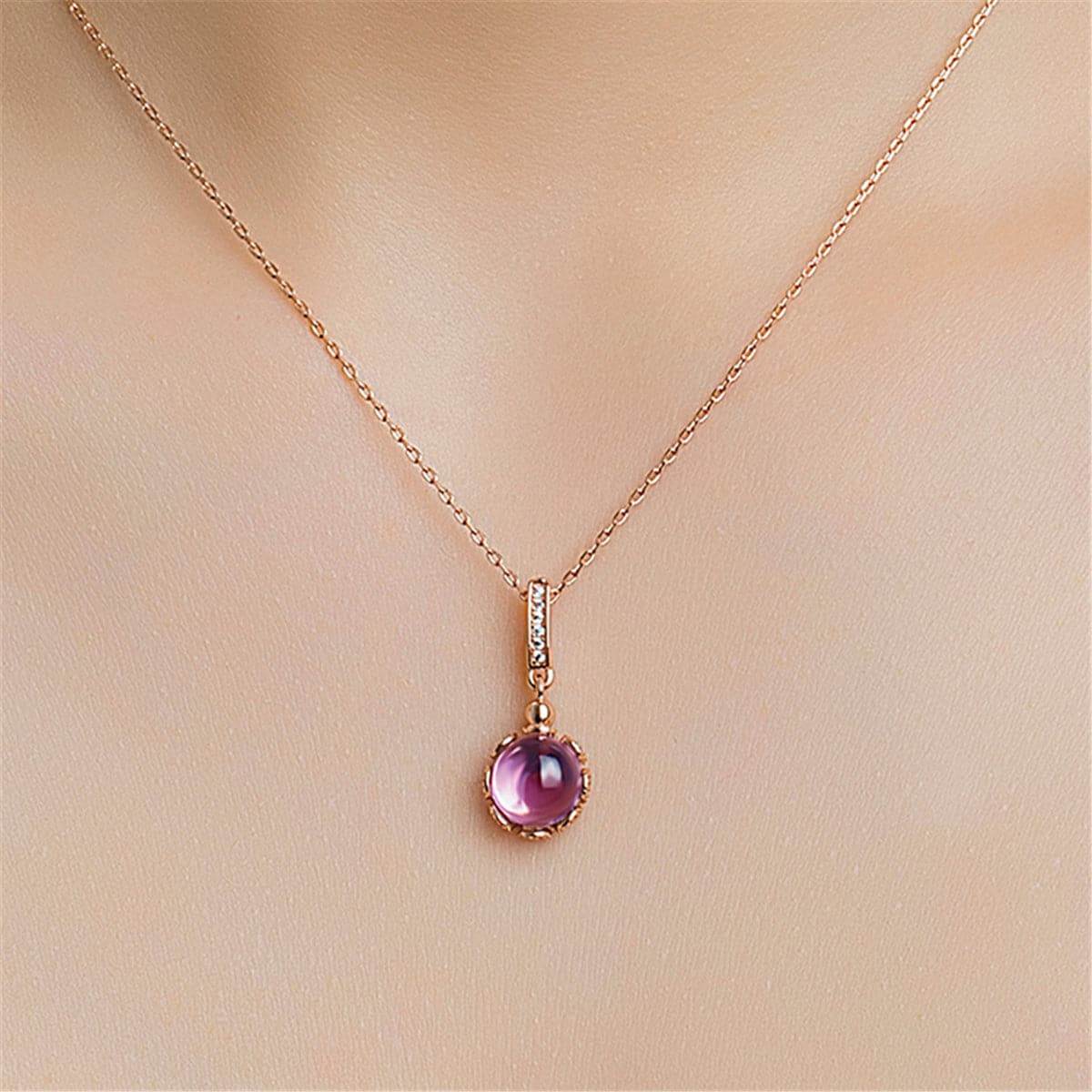 Purple Crystal & Cubic Zirconia Round Pendant Necklace