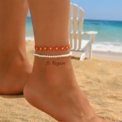 Pearl & Red Enamel Goldtone Mum Stations Anklet Set