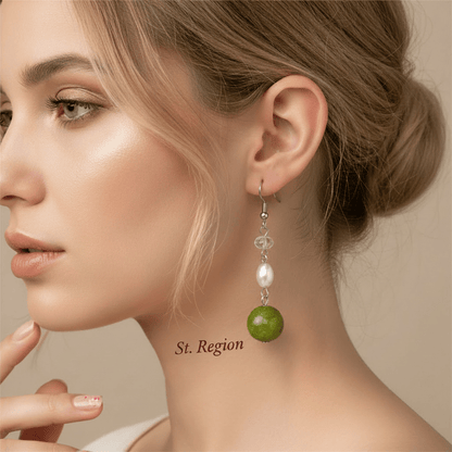 Green Jade & Pearl Crystal Silvertone Ball Hook Earrings