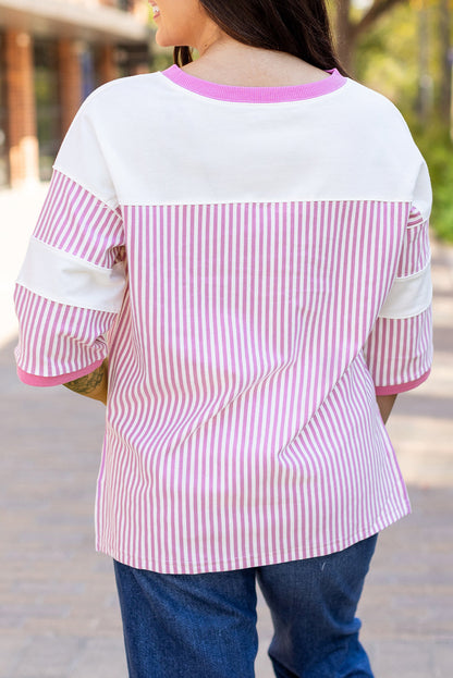 Threaded Pear Aliyah Striped Patchwork 3/4 Sleeve Casual Top